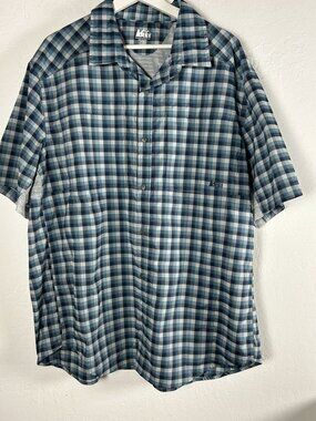 REI Mens XXL Blue Plaid Short Sleeve Button-Up Shirt Lightweight Outdoor NWOT